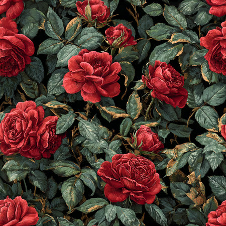 A seamless floral pattern featuring deep red roses and lush green leaves on a dark backgroundの素材