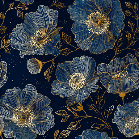 A luxurious seamless pattern featuring gold line-art flowers on a dark navy backgroundの素材