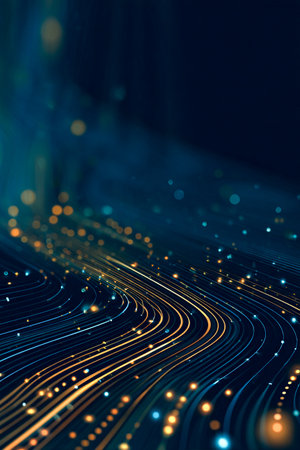 Professional dark-themed background featuring glowing lines and abstract digital background , ideal for technology, innovation, and modern presentationsの素材
