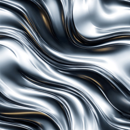 A seamless pattern featuring flowing liquid chrome waves with a futuristic metallic sheen, perfect for modern and high-tech design projectsの素材