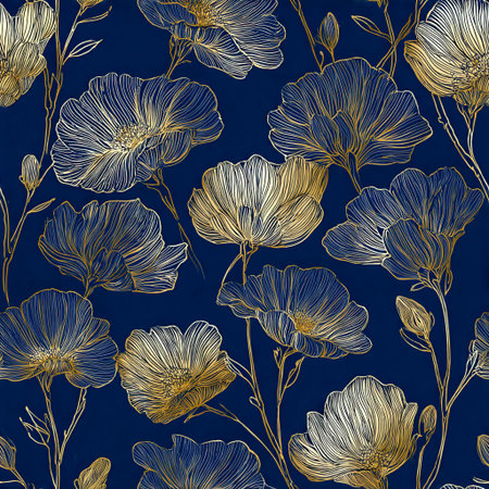 A luxurious seamless pattern featuring gold line-art flowers on a dark navy backgroundの素材