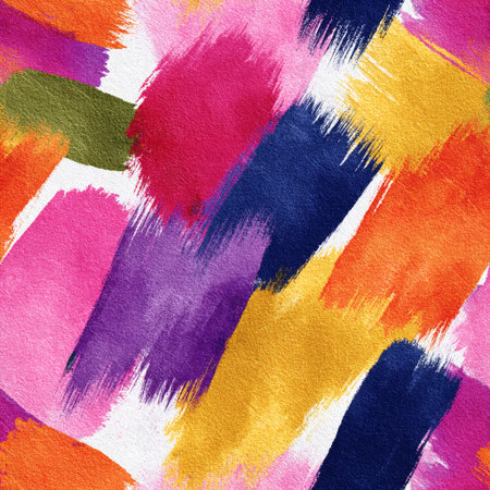Seamless pattern featuring bold watercolor brushstrokes in vibrant colors over a textured artistic paper backgroundの素材