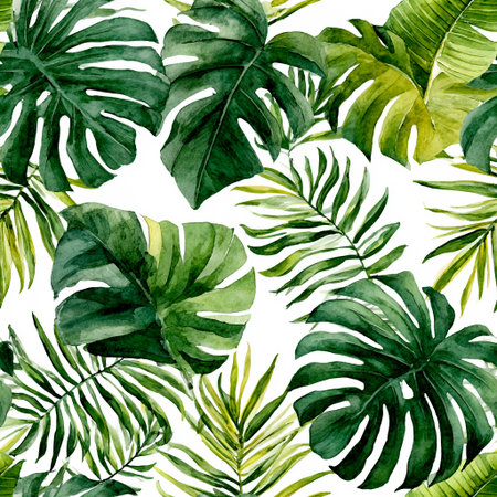 A seamless tropical pattern featuring lush green monstera, banana leaves, and palm fronds on a white backgroundの素材