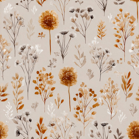 A seamless pattern featuring wildflowers in earthy tones, blending ink and watercolor with a minimalistic boho aestheticの素材