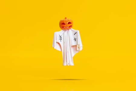 Halloween figurine of a pumpkin head ghost Floating in the air on a vibrant yellow background.の写真素材