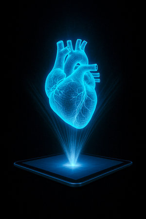 Holographic projection of a human heart glowing above a digital tablet on dark background, verticalの素材