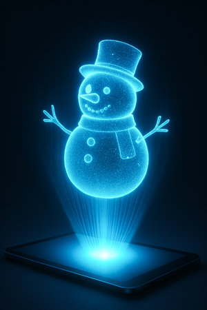 Glowing hologram of a cheerful snowman wearing a hat and scarf, projected above a digital tablet on a dark background.の素材