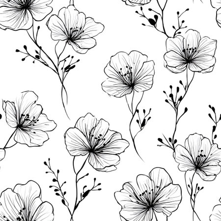 Seamless botanical pattern featuring elegant minimalist line art flowers in black on a white backgroundの素材