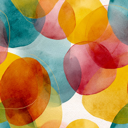 Seamless abstract watercolor pattern featuring overlapping translucent shapes, soft gradients, and a freeform organic designの素材