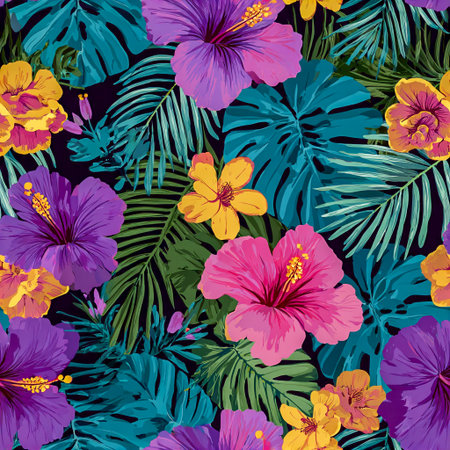 A seamless tropical floral pattern featuring hibiscus flowers, monstera leaves, and palm fronds in bold, vibrant colorsの素材