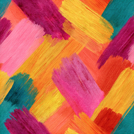 Seamless pattern featuring bold watercolor brushstrokes in vibrant colors over a textured artistic paper backgroundの素材