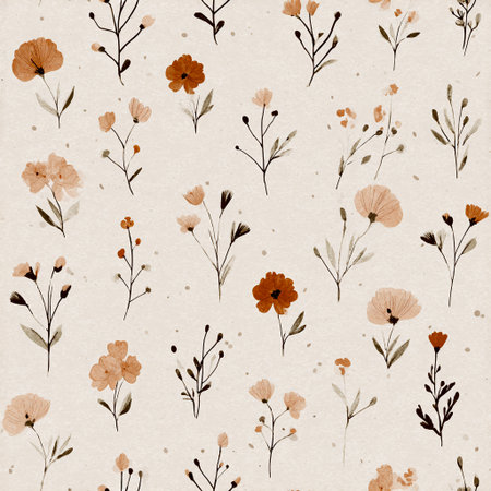 A seamless pattern featuring wildflowers in earthy tones, blending ink and watercolor with a minimalistic boho aestheticの素材