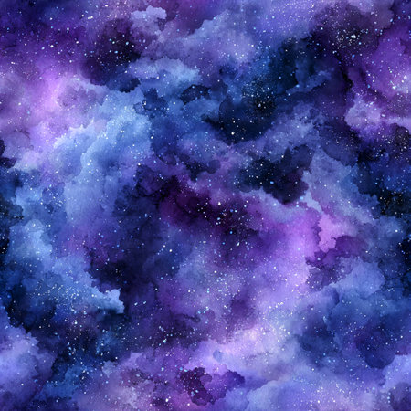 Seamless abstract watercolor background with cosmic galaxy tones, featuring deep purples, blues, misty effectsの素材