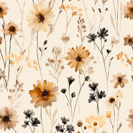 A seamless pattern featuring wildflowers in earthy tones, blending ink and watercolor with a minimalistic boho aestheticの素材