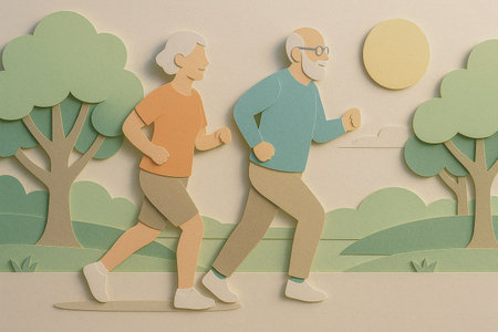 Minimal paper cut artwork of an elderly couple jogging together in a peaceful park under morning sunlightの素材