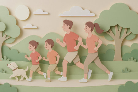Paper cut illustration of a happy family with two kids and a dog jogging together in a peaceful park under morning sunlight,の素材