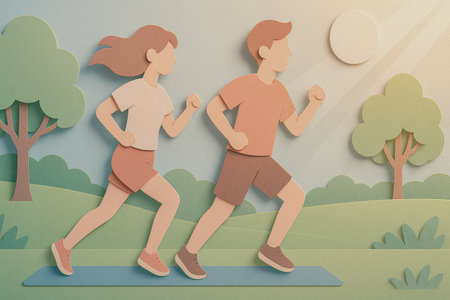 Minimalist paper cut artwork of a young couple jogging together in a peaceful park during morning sunlightの素材