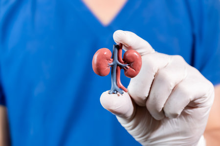 A medical gloved hand holding a small anatomical kidney model against a blue uniform background,...