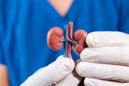A medical gloved hand holding a small anatomical kidney model against a blue uniform background, ideal for healthcare and education concepts.の写真素材