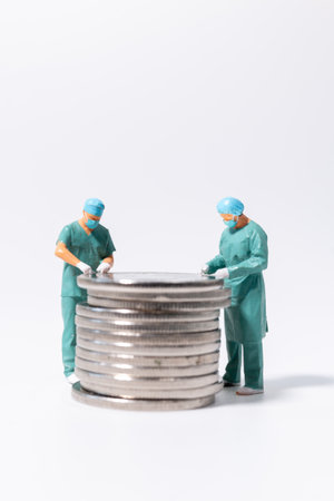 Miniature doctors examining a stack of coins on white background, healthcare finance and medical cost concept with teamwork and planning.の写真素材