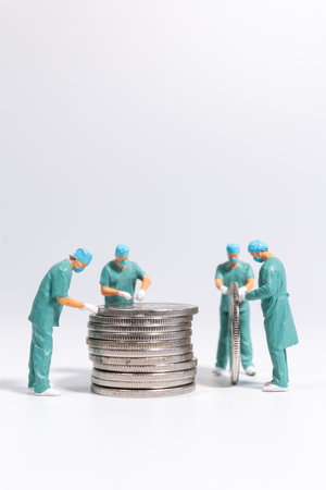 Miniature doctors examining a stack of coins on white background, healthcare finance and medical cost concept with teamwork and planning.の写真素材