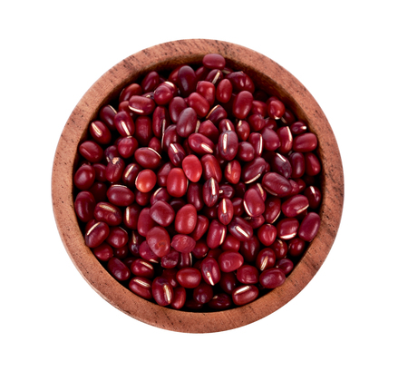 Adzuki Beans, Azuki Beans, red beans in wooden bowl on white backgroundの写真素材