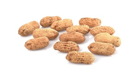 Peanuts, nuts in shells on white backgroundの写真素材