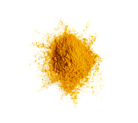 Turmeric (Curcuma) powder pile isolated on white background, top viewの写真素材