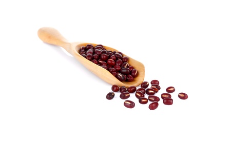Adzuki Beans, Azuki Beans, red beans in wooden spoon on white backgroundの写真素材