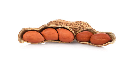 Peanuts, nuts in shells on white backgroundの写真素材