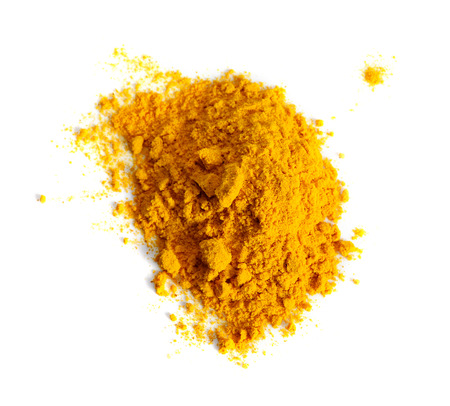 Turmeric (Curcuma) powder pile isolated on white background, top viewの写真素材