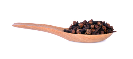 spicy dried clove, syzygium aromaticum flower buds in wooden spoonの写真素材