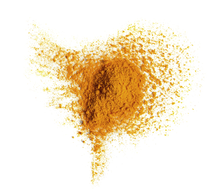 Turmeric (Curcuma) powder pile isolated on white background, top viewの写真素材