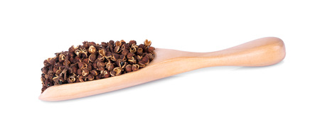 Dry Zanthozylum limonella Alston in wooden spoon on white backgroundの写真素材