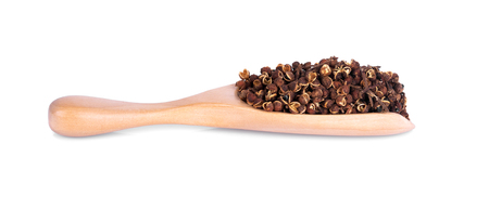 Dry Zanthozylum limonella Alston in wooden spoon on white backgroundの写真素材