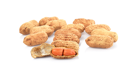 Peanuts, nuts in shells on white backgroundの写真素材