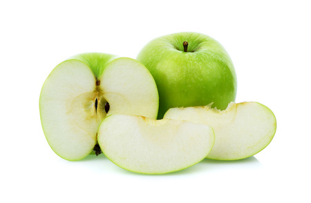 Ripe green apple and slice isolated on white background.の写真素材