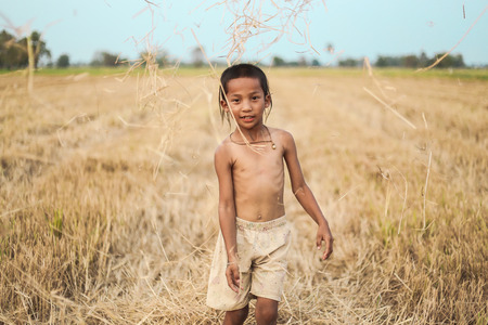 A boy thai ancient hairstyle play in farmの写真素材