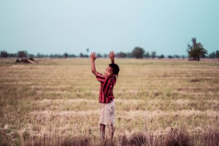 A boy thai ancient hairstyle play in farmの写真素材