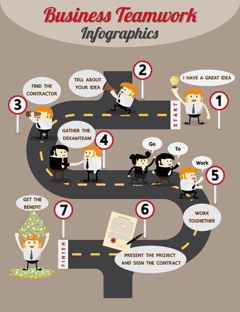Business teamwork infographic set with partnership and workflow process on the road theme. Vector illustrationのイラスト素材