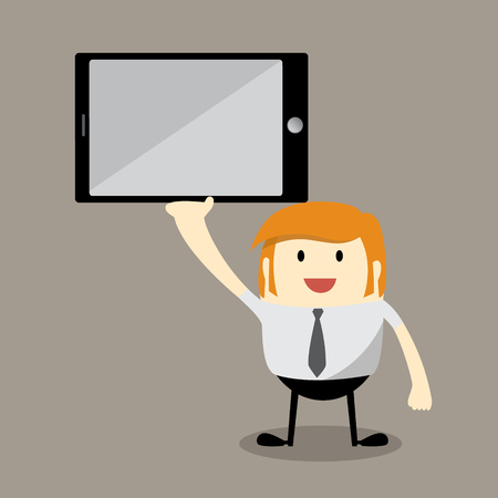 businessman cartoon character holding a big tablet PC Showing tablet PC cartoon vectorのイラスト素材