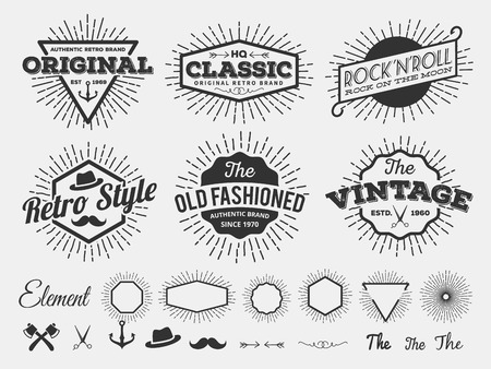 Vintage star burst insignia logotype for logo design, emblem, t-shirt screen and printing with star burst, arrow, scissors, ax, anchor, ribbon, hat, flourishes lineのイラスト素材
