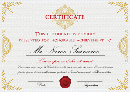 Certificate template design with emblem, flourish border on white background  A4 size Bleedのイラスト素材