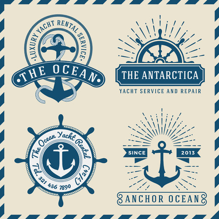 Save to a lightbox  Find Similar Images  Share Stock Vector Illustration: Nautical, Navigational, Seafaring and Marine insignia logotype vintage design with anchor, rope, steering wheel, star burst, sunburst  Only Free Font Used, Vector illustrationのイラスト素材