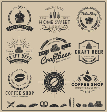 Sets of bake shop, craft beer, coffee shop logo and insignia for branding, label, product packaging, letterpress and other design  Vector illustration and free font usedのイラスト素材
