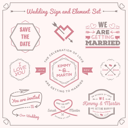 Set of wedding celebration badge and sign decoration elements design. Use as invitation, social media image, label, letterpress canvas print, cards, property and stuff.のイラスト素材