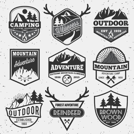 Set of monochrome outdoor camping adventure and mountain badge logo, emblem logo, label designのイラスト素材
