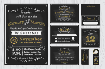 Vintage Chalkboard Wedding Invitations design sets include Invitation card, Save the date, RSVP card, Thank you card, Table number, Gift tags, Place cards, Respond card, Save the date door hangerのイラスト素材