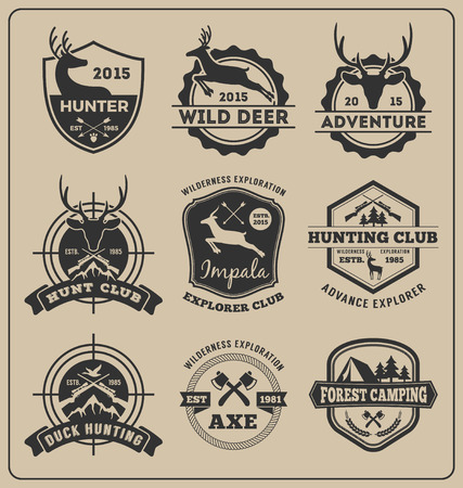 Set of monochrome animal hunting and adventure badge logo design for emblem label design, insignia, sticker  Vector illustration resize able and all types use free fontのイラスト素材