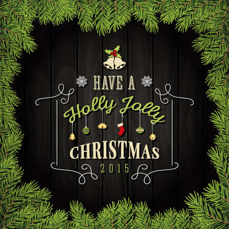 Merry Christmas Greeting Card With Ornaments On A Dark Wood Board and Christmas Leaves Frame. Vector Illustrationのイラスト素材